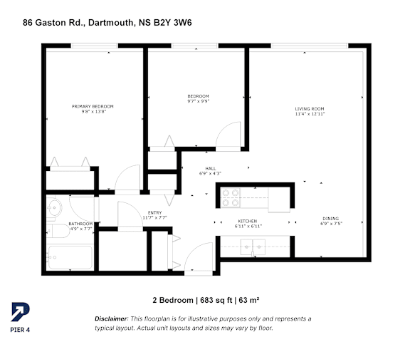 A floor plan for a 2 bedroom apartment at 86 Gaston Rd, Dartmouth, NS B2Y 3W6.