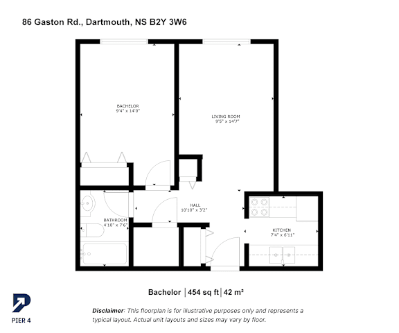 A floor plan for a Bachelor apartment at 86 Gaston Rd, Dartmouth, NS B2Y 3W6.