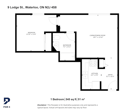 A black and white image of a floor plan for a one bedroom apartment.