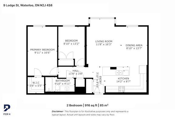 A black and white image of a floor plan for a 2 bedroom apartment.