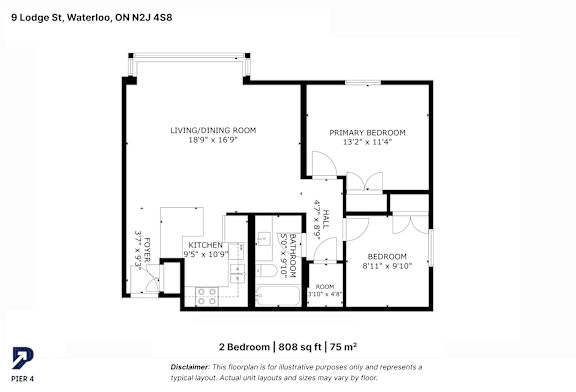A black and white image of a 2 bedroom apartment floor plan.