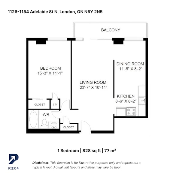 A black and white image of a floor plan for a one bedroom apartment.