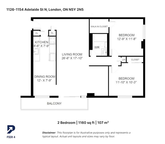 A floor plan for a 2 Bedroom apartment at 1126-1154 Adelaide St N, London, ON N5Y 2N5.