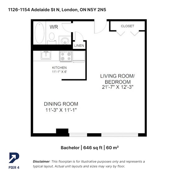 A floor plan for a typical layout of a living room, dining room, kitchen, and bathroom.