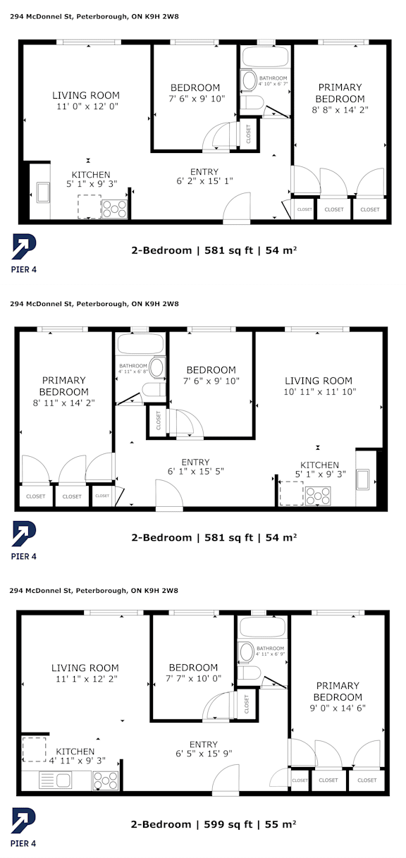 A set of four house floor plans with two bedrooms and a living area.