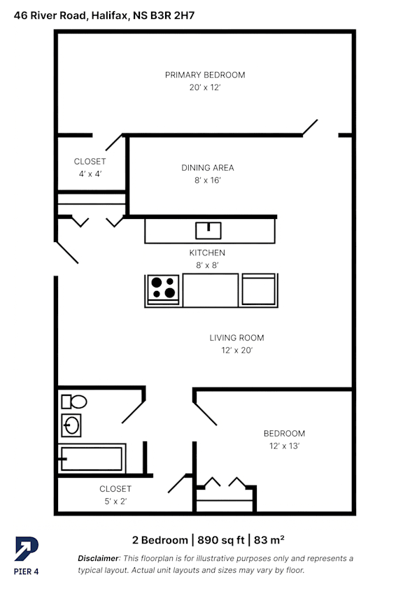 A floor plan for a 2 bedroom apartment at 46 River Road, Halifax, NS B3R 2H7.