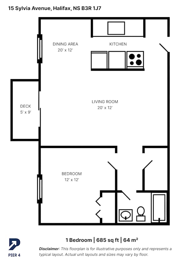 A floor plan of an apartment at 15 Sylvia Avenue, Halifax, NS B3B 1J7.