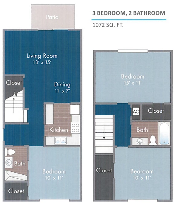 Floor Plan  3Bed 2Bath Floor Plan at Oaks at Victory Apartments, Savannah, GA