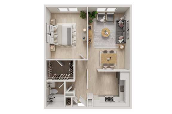Floor Plan  A white and wood bathroom with a toilet, sink, and mirror.