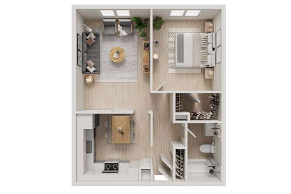 Floor Plan  A top-down view of a modern apartment with a living room, kitchen, and bedroom.