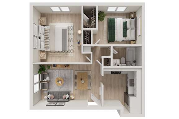 Floor Plan  A white and wood floor plan of a small apartment with a kitchen, living room, and bathroom.