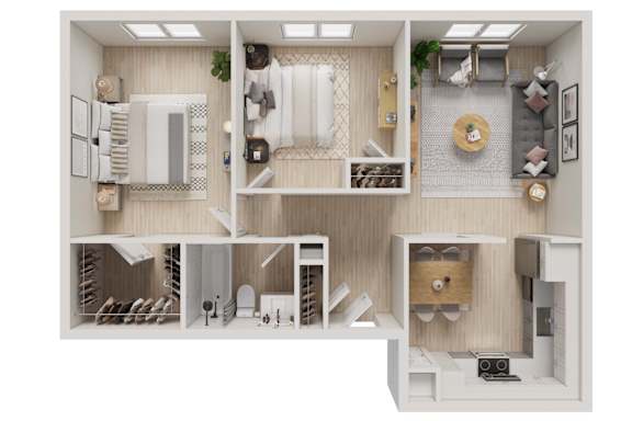 Floor Plan  A 3D floor plan of a small apartment with a kitchen, living room, and bathroom.
