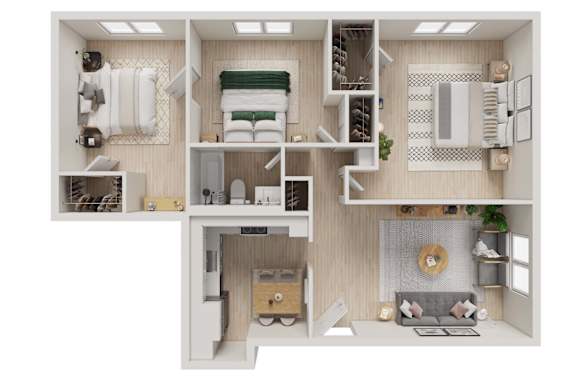 Floor Plan  A 3D floor plan of a small apartment with a kitchen, living room, and bedroom.