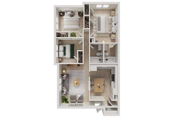 Floor Plan  A 3D floor plan of a small apartment with a kitchen, living room, and bathroom.