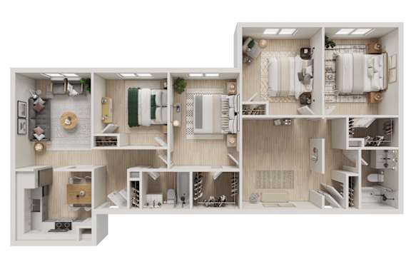 Floor Plan  A detailed 3D floor plan of a house layout.