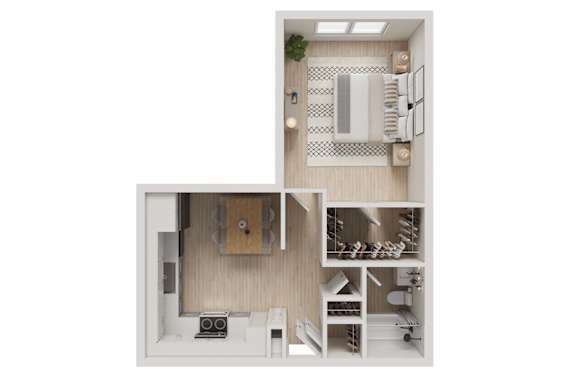 Floor Plan  A top-down view of a small apartment with a kitchen, living room, and bedroom.