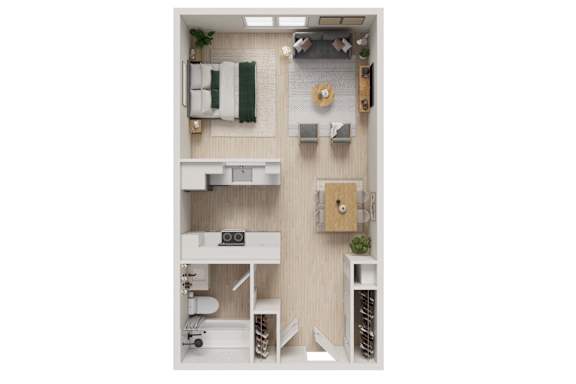 Floor Plan  A dollhouse bedroom with a bed, dresser, and shelves.