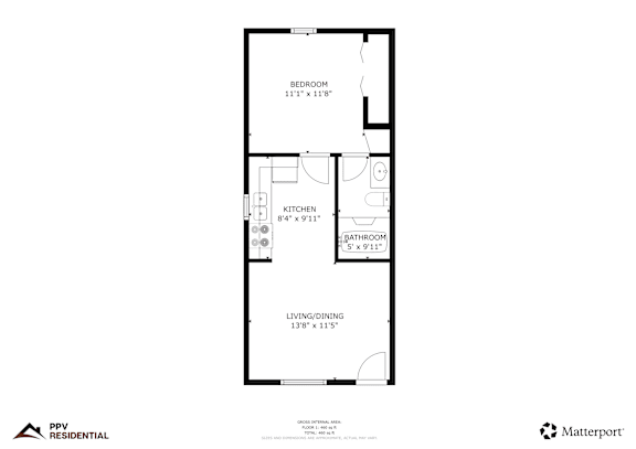 A floor plan for a residential unit with a bedroom, kitchen, bathroom, and living/dining area.