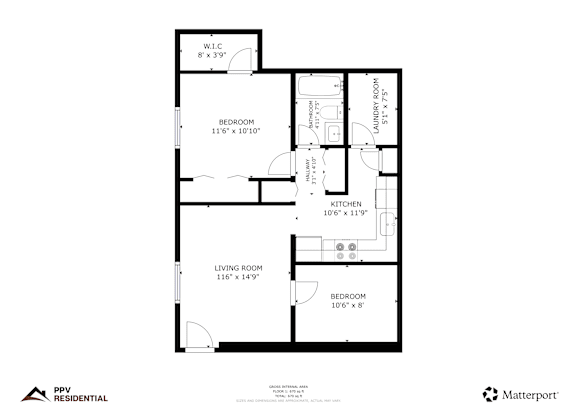 A floor plan for a home with a living room, two bedrooms, and a kitchen.