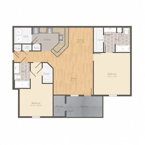 Floor Plan  A floor plan of a house with a kitchen, dining room, living room, and two bedrooms.