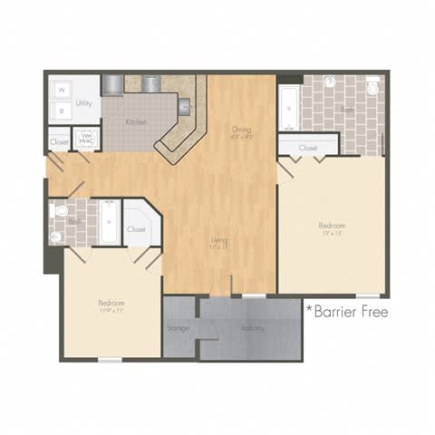 A floor plan of a home with a kitchen, dining room, living room, and two bedrooms.