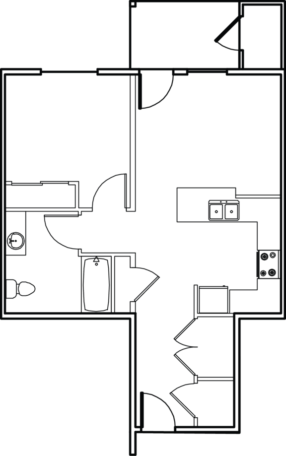 A floor plan of a house with a kitchen, living room, and two bedrooms.
