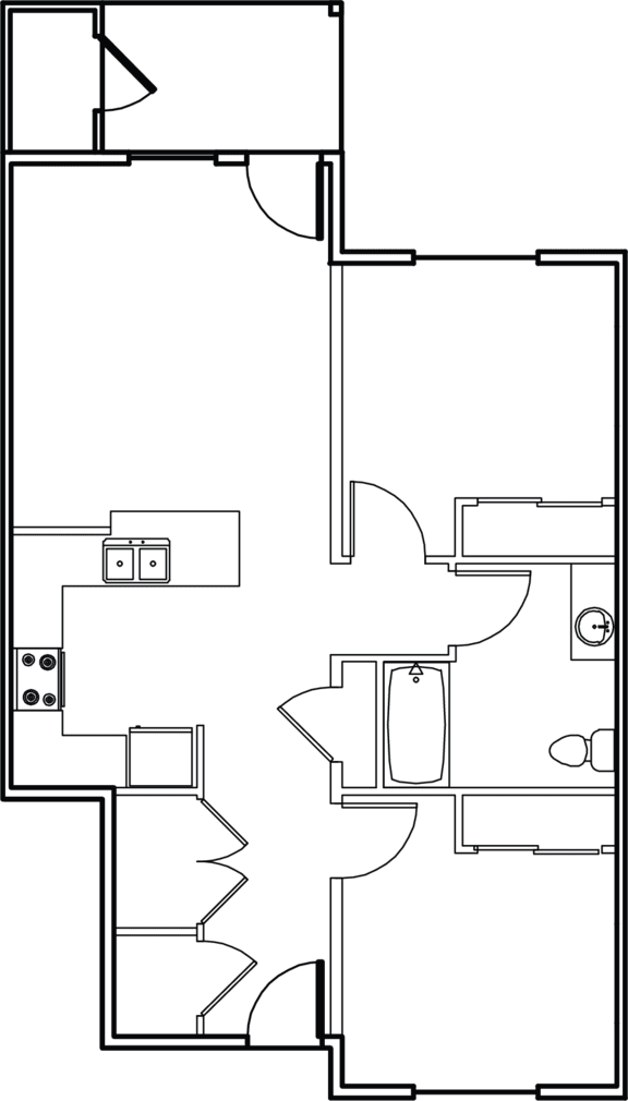 A floor plan of a house with a kitchen, living room, and two bedrooms.
