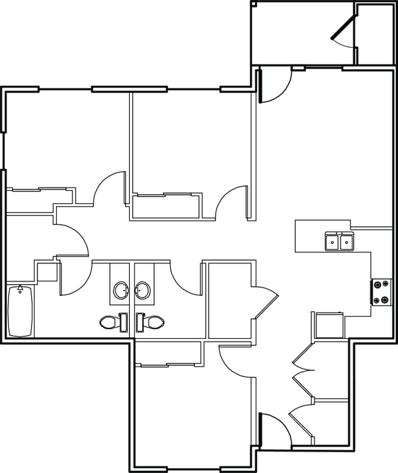 A floor plan of a house with a kitchen, living room, and two bedrooms.