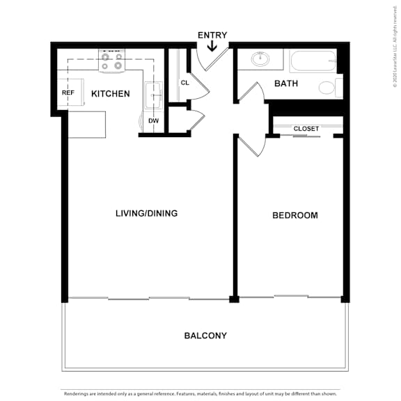 A black and white floor plan of a small apartment with a kitchen, living room, bedroom, and balcony.