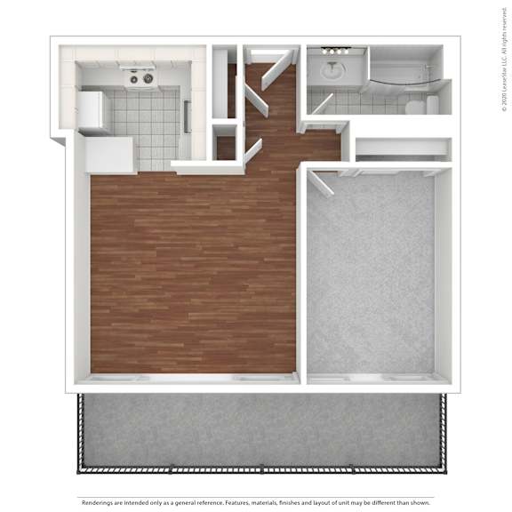 A floor plan of a house with a kitchen, living room, and bathroom.