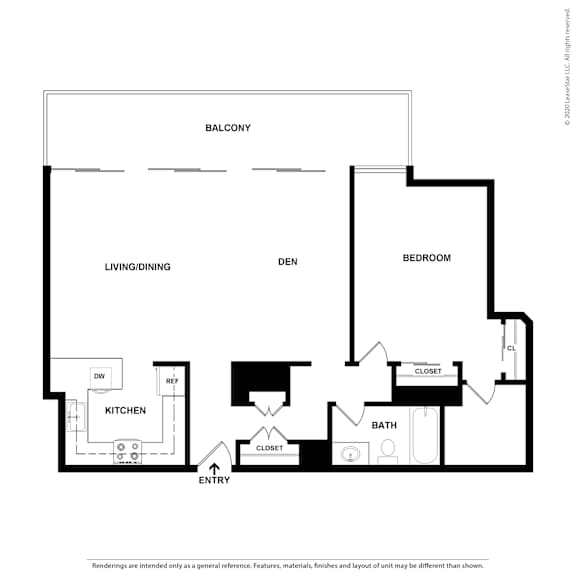 A black and white image of a floor plan for a home with a living/dining area, kitchen, den, bedroom, bathroom, and closet.