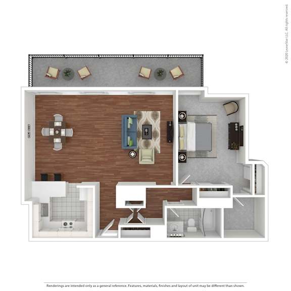 A floor plan of a house with a kitchen, living room, and two bedrooms.