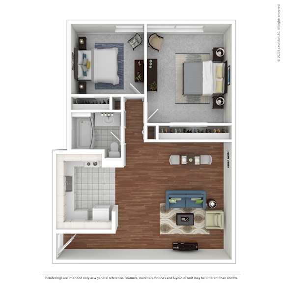 A floor plan of a small apartment with a bedroom, living room, and bathroom.