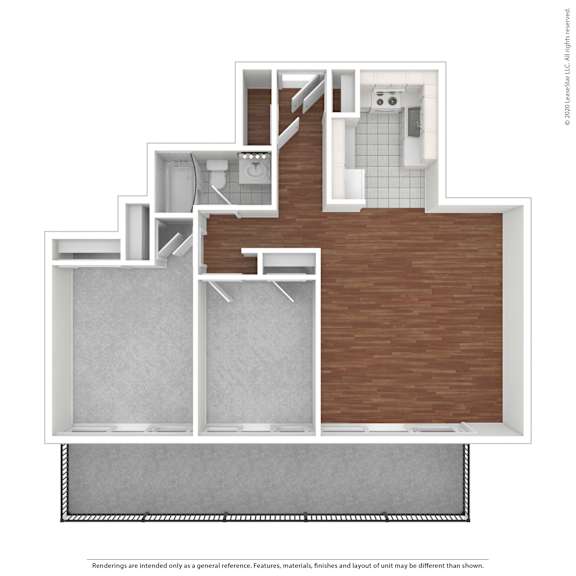 A drawing of a house with a kitchen, living room, and bathroom.