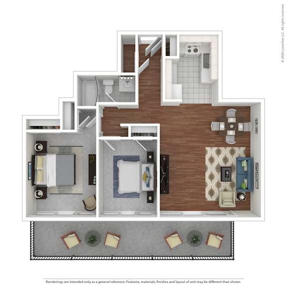 A floor plan of a house with a kitchen, living room, and bathrooms.