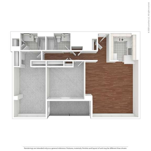 A drawing of a house with a kitchen, living room, and bathroom.