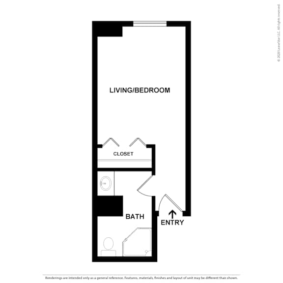 A black and white drawing of a floor plan for a small apartment.