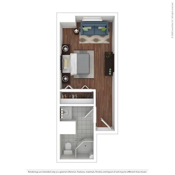 A floor plan of a small apartment with a kitchen, bathroom, and living room.