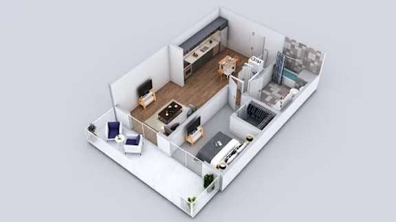 A 3D floor plan of a small apartment with a kitchen, living room, and bathroom.