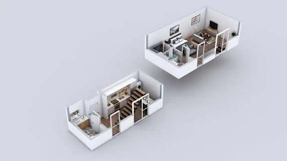 Two white model apartments are displayed on a grey background.
