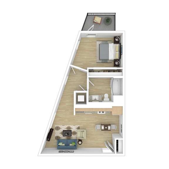 A top-down view of a small apartment with a kitchen, living room, and bedroom.