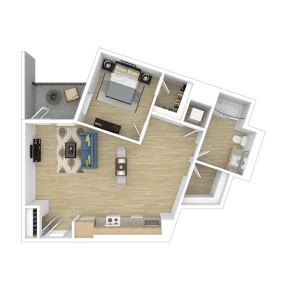 A top-down view of a small apartment layout with a kitchen, living room, and bedroom.