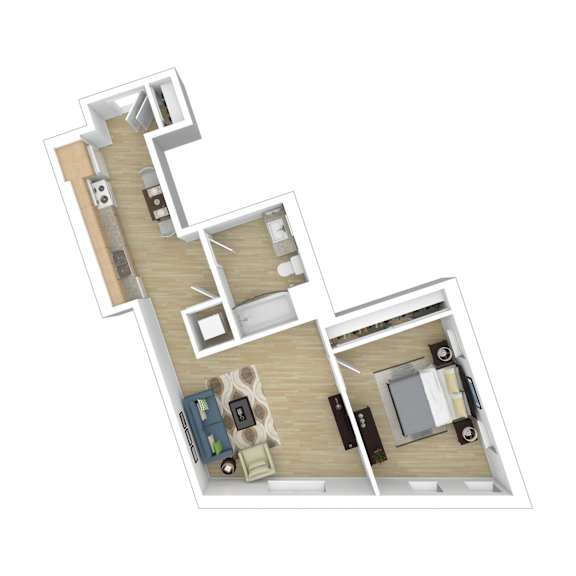 A 3D floor plan of a house with a kitchen, living room, and two bedrooms.