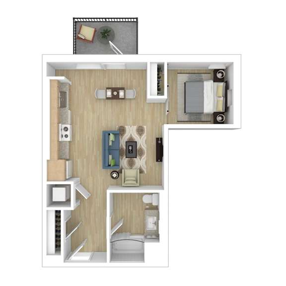 A 3D floor plan of a small apartment with a kitchen, living room, and bathroom.