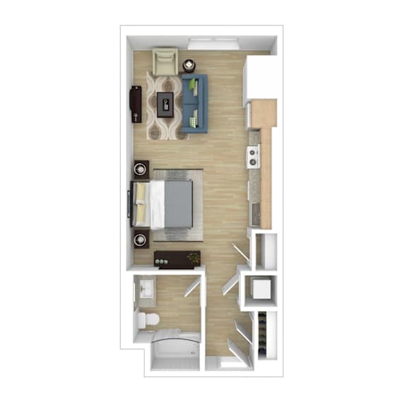 A top down view of a small apartment with a kitchen, living room, and bathroom.