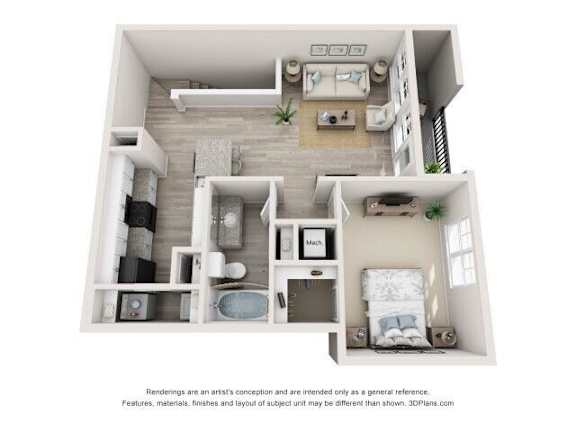 1bed 1bath A Floor Plan at Leland Station Apartments, Leland, NC, 28451