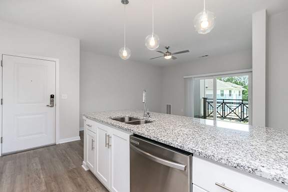 A kitchen with a sink, dishwasher, and a window at The Banks at Bridgewater Apartments, South Carolina