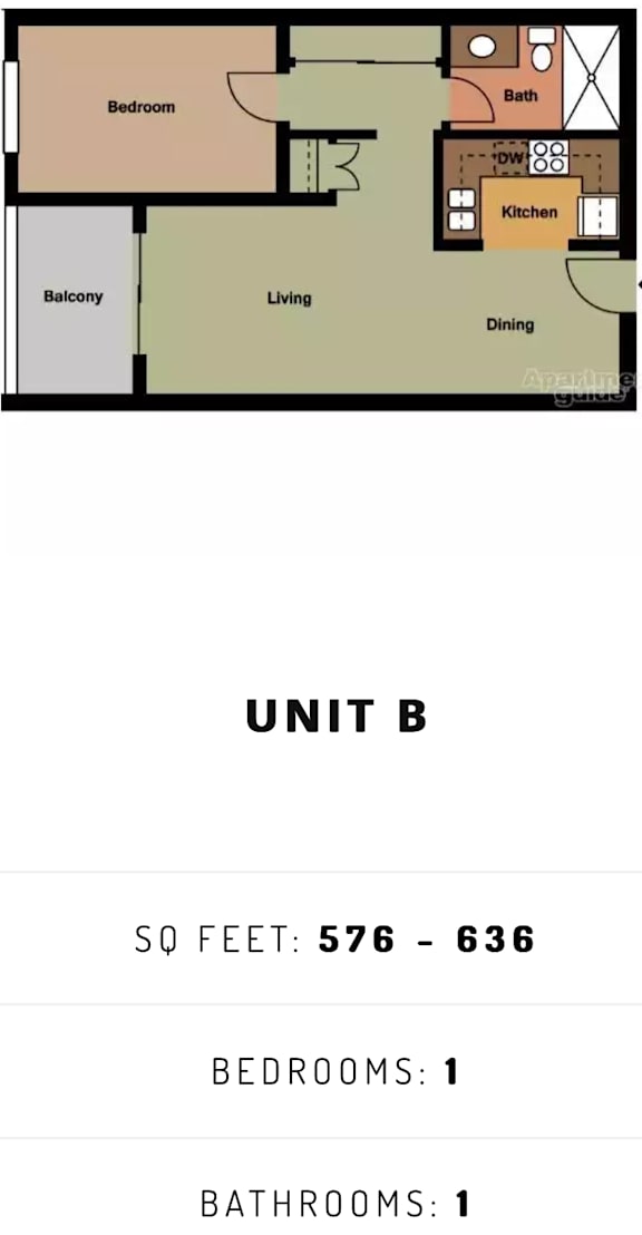 Floor Plan  A diagram of a floor plan for a unit with a bedroom, bathroom, living room, kitchen, dining room, and balcony.