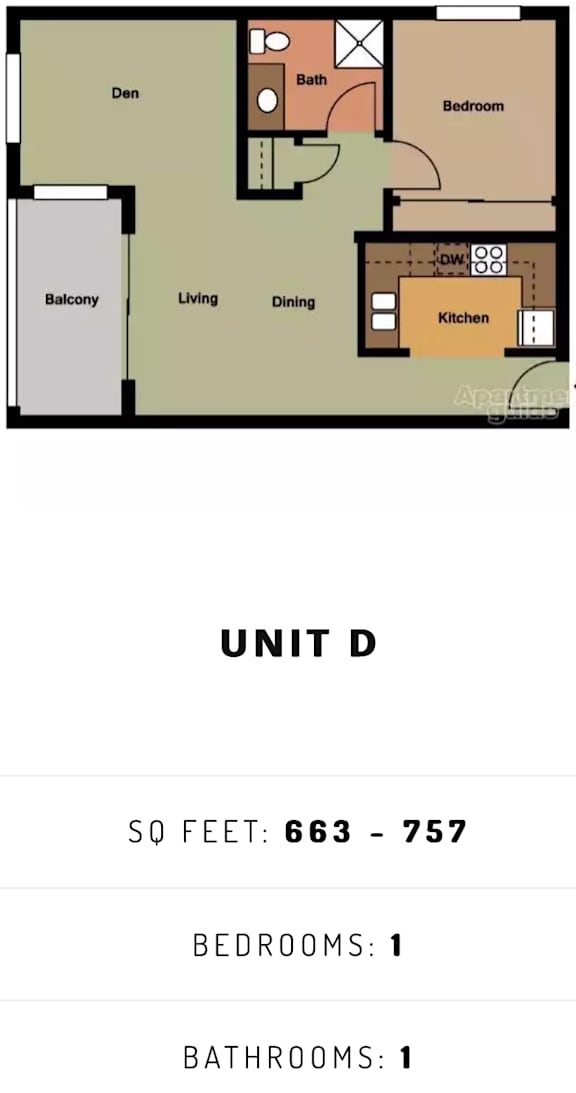 Floor Plan  A floor plan of a unit with one bedroom and one bathroom.