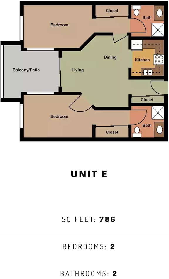 Floor Plan  A diagram of a floor plan for a unit with two bedrooms and two bathrooms.